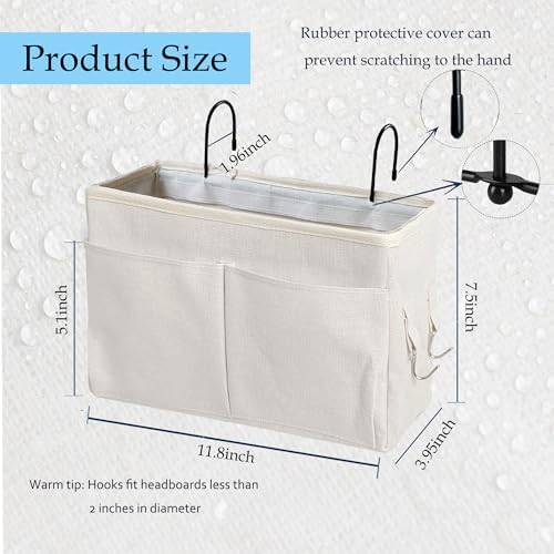 Bedside Caddy Organizer - Bedside Hanging Storage Bag with Hooks, Dorm Essentials Caddy for Bunk Bed & Dorm Bed Rails, Holds Books, Phones, Tablets, Glasses, Water Bottles & More (White 2 Pack) - Image 3