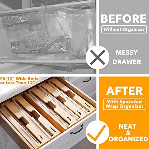 SpaceAid WrapNeat 3 in 1 Wrap Organizer with Cutter and Labels, Plastic Wrap, Aluminum Foil and Wax Bamboo Dispenser for Kitchen Storage Organization Holder for 12" Roll (Natural) - Image 2