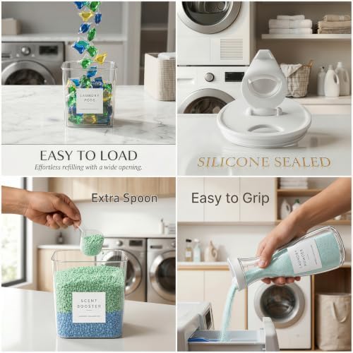 3+1 Pack Laundry Pods Containers & Dryer Sheet Holder & 64 oz Laundry Detergent Dispenser with Pump, Laundry Room Organization and Storage Jars with Lids, Labels and Scoops for Scent Booster, Powder - Image 5