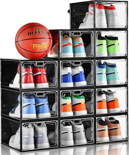 INSTY 12 Pack Large Shoe Storage Box, Clear Shoe Storage Organizer with Magnetic Door, Stackable,Shoe Containers For Display Sneakers, Easy Assembly, Fit up to US Size 12, Transparent by INSTY