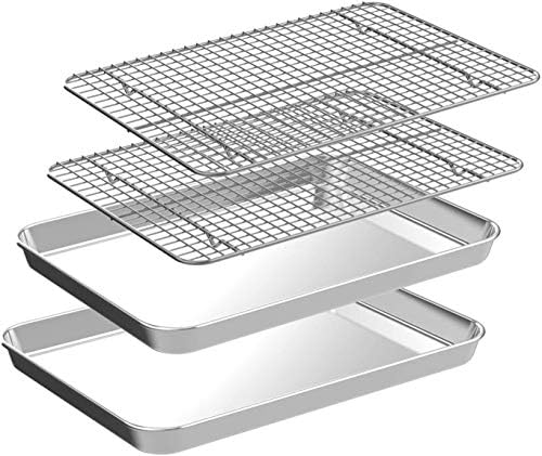 Quarter Sheet Pan with Cooling Rack Set [2 Baking Sheets + 2 Baking Racks], CEKEE Stainless Steel Cookie Sheets for Baking and Wire Rack - Rust & Warp Resistant & Nonstick, Size 12 x 9.8 x 1 Inch by CEKEEBakingEasilyHappily