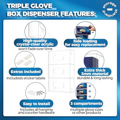 Storage Standard Triple Glove Box Holder Wall Mount Glove Dispenser - Disposable Glove Holder Wall Mount Glove Station for Medical Gloves, Multipurpose Kitchen Gloves Holder - 16.5 x 10 x 3.5 Inches - Image 3