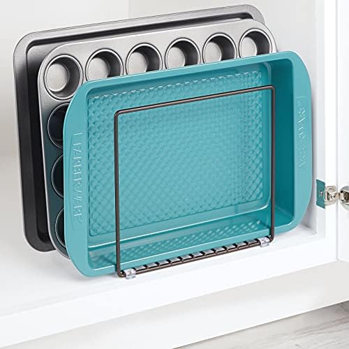 mDesign Steel Storage Tray Organizer Rack for Kitchen Cabinet - Divided Holder with 3 Slots for Skillets, Frying Pan, Pot Lids, Cutting Board, Baking Sheets - Concerto Collection - Bronze - Image 2