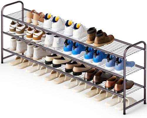 KEETDY Long 3 Tier Shoe Rack for Closet Wide Shoe Storage Organizer Stackable Metal Shoe Shelf for 24 Pairs Men Sneakers with Wire Grid for Closet Floor, Bedroom, Entryway, Bronze by KEETDY