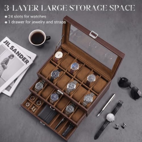 ProCase 3-Layer Watch Box with Glass Lid for Men, 24-Slot, Brown - Image 2