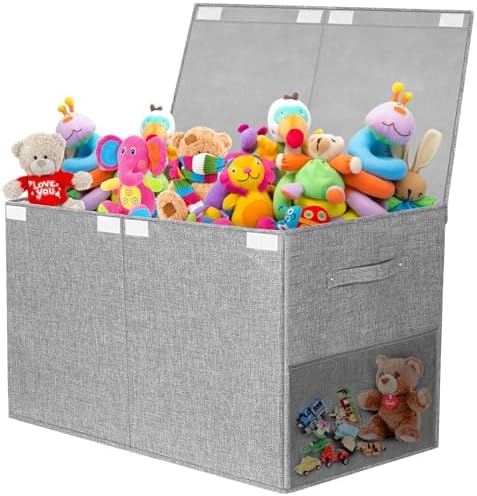 Large Toy Storage Box with Lid Upgraded Toy Chest Organizer with Removable PP Divider Foldable Toy Bin for Kids Boys Girls Linen Fabric Toy Box for Playroom Nursery Bedroom (25"x13"x16") by Fineonly