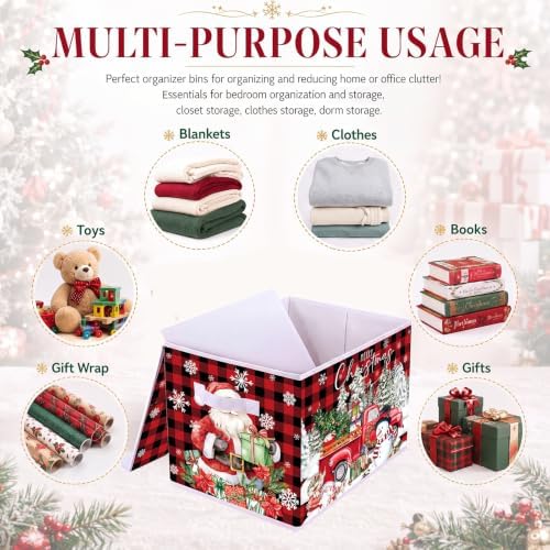 Briwooody Red Plaid Christmas Storage Bin with Lid and Carrying Handle - Image 5