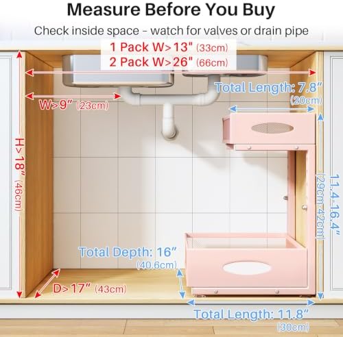 Under Sink Organizer, 2 Pack 2 Tier Pull Out Under Cabinet Organizer Shelf with Pad for Framed Cabinets, Metal Slide Out Under Sink Storage, Mesh Sliding Drawers for Kitchen Bathroom Laundry, Pink - Image 2