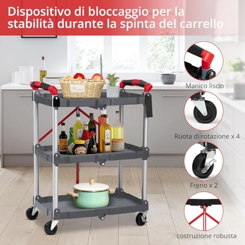 Heavy Duty 3-Tier Collapsible Utility Cart for Office & Home – Collapsible Rolling Service Cart, 56 lb Capacity, No Assembly, Lockable Wheels, Multi-Purpose Organizer, Grey - Image 3
