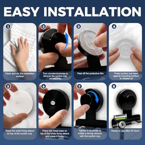 Suction Cup Razor Holder for Shower,Heavy-Duty 7KG Suction Hooks for Razor,Towel,Loofah,Removable Damage-Free Metal Shower Hook,Shaver Holder,2 Pack(Matte Black) - Image 5