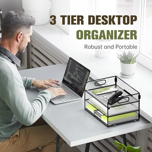 DALTACK 3 Tier Paper Organizer for Desk, Sliding Paper Trays, Black - Image 2