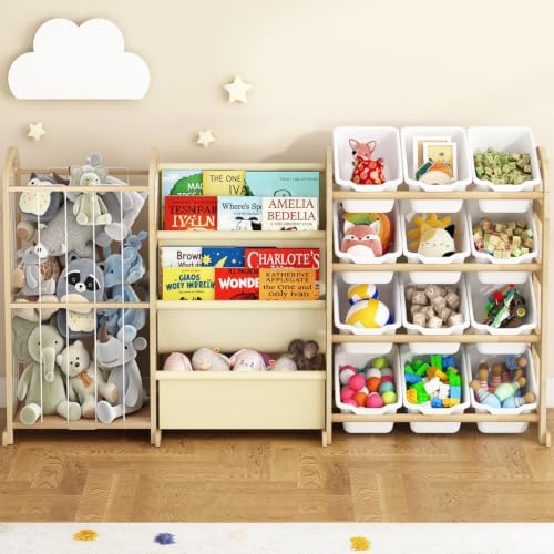 3-in-1 Toy Storage Organizer with Bookshelf, 12 Bins & Kids Bookshelf by Orekemo