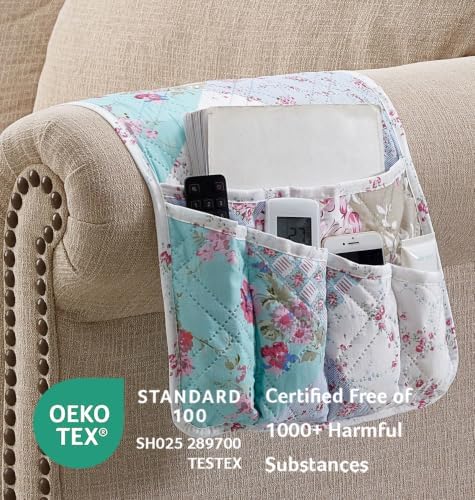 Brilliant Sunshine Blue & Green Roses Couch Armrest Organizer, 35"×13" - Image 2