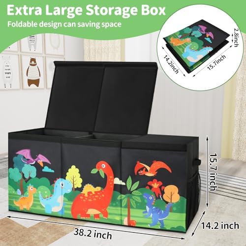 Extra Large Kids Toy Box, Foldable Toy Organizer with Dividers & Lids, 148L Dinosaur Storage Bin for Toddlers Boys Girls, Collapsible Chest for Toys, Books, Bedroom, Playroom, Nursery Black - Image 4