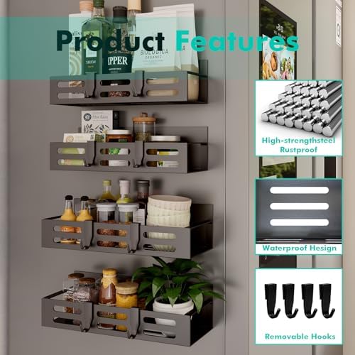 SETBAOO 4 Pack Magnetic Spice Rack for Refrigerator, Black Magnetic Shelf and Fridge Kitchen Storage Cabinet Organizers Seasoning Organization Mini Shelves, Organizadores de Cocina - Image 4