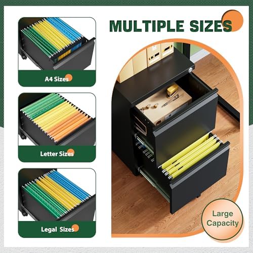 Letaya Mobile File Cabinet with Lock,2 Drawer Under Desk Metal Rolling Filing Cabinets for Home Office Organizer Letters/Legal/A4(Fully Assembled-Black) (Pack of 2) - Image 5