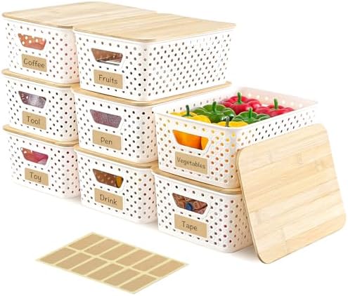 8 Pack Plastic Storage Bins with Bamboo Lids - Stackable Storage Baskets with Handle for Pantry Organizer and Storage, Plastic Containers Bins Lidded Storage Bins for Classroom Office Shelves by Unknown