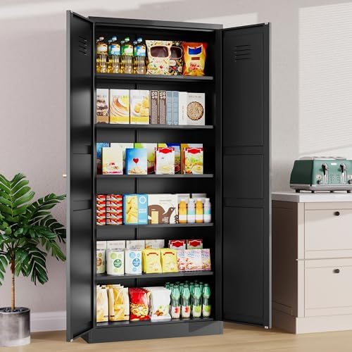 SISESOL Black Storage Cabinet,71" Tall Pantry Cabinet,Kitchen Pantry Storage Cabinets with 2 Doors and 5 Shelves,Wide Deep Metal Food Cupboard for Home,Kitchen,Dining/Living Room - Image 2