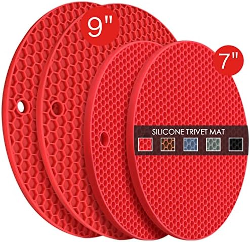 Silicone Trivets for Hot Pots and Pans - 4PCS Heat Resistant Oversized Silicone Pot Holders Hot Pads for Kitchen, Multipurpose Round Trivet Mat, Spoon Holder & Jar Opener, Drying Mat（Red） by QPIXDIGITAL