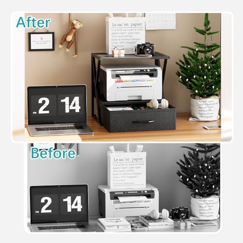 aboxoo Printer Stand for Desk with Storage Drawer, 2 Tier Desktop Or Under Desk Shelf, Multi-Purpose Desks Organizer for Home Office, fit Fax Machine/3D Printer/Scanner, Black - Image 5