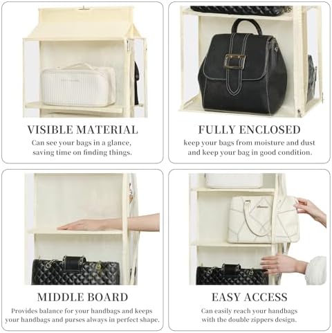 8 Grids in 1 Pack Hanging Purse Handbag Organizer with Double Zippers, Visible Purse Organizer for Closet, Fully Enclosed Purse Storage Holder-Beige - Image 5