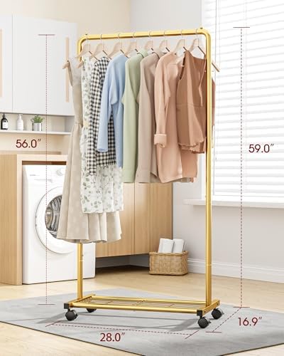 Sakugi Clothes Rack - Clothing Rack with Storage Mesh Shelf & Casters, Heavy-Duty Metal Clothing Rack for Hanging Clothes, Dresses, Coats, Large Load Capacity, Easy Assembly, Gold, 28.0"x16.9"x59.0" - Image 2