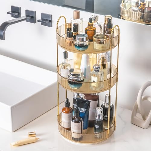 Aveniee Rotating Makeup Organizer for Vanity, Premium Solid Metal Pole Sturdy Construction, Perfume Storage for Bathroom Countertop, Clear Spinning Counter Shelf Cosmetic Holder for Dresser,Gold - Image 5