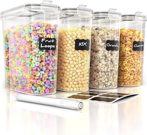 Simply Gourmet Airtight Cereal Containers with Lids – 4 Piece Tall Kitchen Pantry Organization Set, BPA-Free Clear Plastic, Pour Spout Lids for Breakfast Cereal, Rice, Flour, Sugar, Snacks by SimplyGourmet