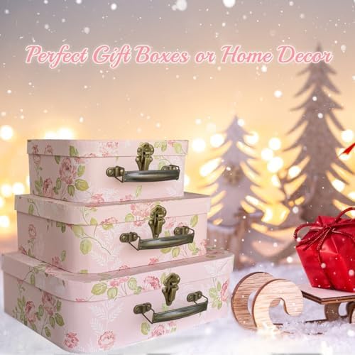 Paperboard Suitcases Set of 3 Decorative Storage Boxes With Lids, Gift Boxes With Lids For Presents, Compatible with Travel Dollhouses, Wedding Card Box or New Year Decorations (Pink Flowers) - Image 2