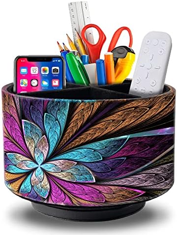 Remote Control Holder Round Leather Art Supply Organizer, PU Leather Pencil Stationery Desk Storage Makeup Organizer for Heater Controllers TV Remotes, 4 Compartments, 360 Degree Spinning by WEEMAGIC