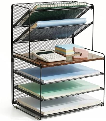 OPNICE Desk Organizer, 6-Tier Paper Organizer Letter Tray, Brown Wood - Image 7