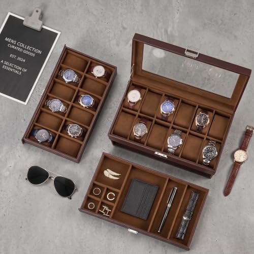 ProCase 3-Layer Watch Box with Glass Lid for Men, 24-Slot, Brown - Image 4