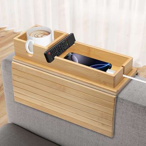 Bamboo Sofa Armrest Tray - Couch Arm Tray with Detachable Couch Cup Holder - 2 in 1 Anti-Slip Foldable Sofa Armchair Caddy Table - Cup Holder for Drinks Cellphone Snacks, Remote by Unknown