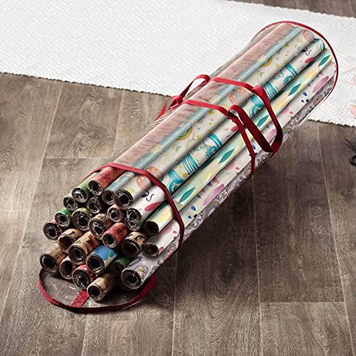 ZOBER Round Christmas Gift Wrapping Paper Organizer Storage - 40 Inch Gift Wrap Storage Containers - Wrapping Paper Holder, Clear PVC Waterproof, Fits 25 Standard Rolls - Red - Image 2