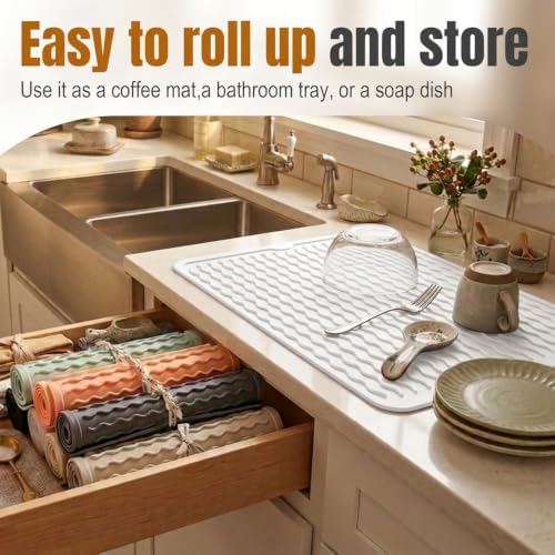 2 Pack Silicone Dish Drying Mat for Kitchen Counter Shower Caddy Rack Waterproof Under Sink Placemats Trivets Coffee Bar Accessories Fridge Organizer Must Haves Extra Large 24"x18" White - Image 3