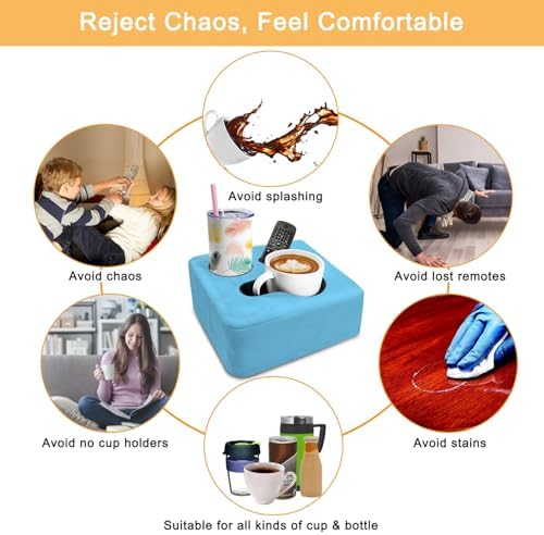 Couch Cup Holder Pillow Tray & Caddy - for Sofa, Bed, Car, Man Cave | Keep Drinks at Hand & Spill-Proof Accessories for New Parents, Camping, Park, Boat, Beach - Blue - Image 4