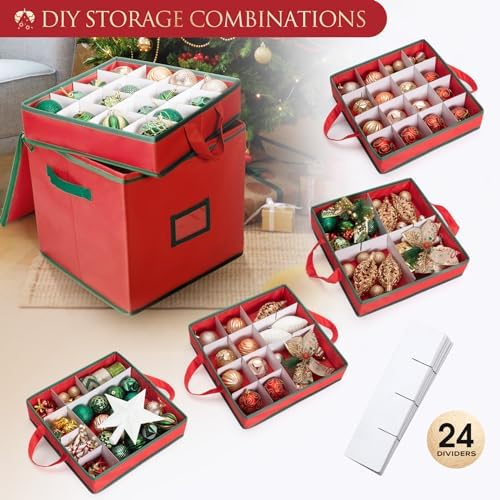 Christmas Ornament Storage Box Containers Holiday Decoration Organizer, Christmas Ball Accessories Holder with Adjustable Dividers, 4 Removable Trays, Zippered Closure, 600D Oxford 13x13x13.39 - Image 2