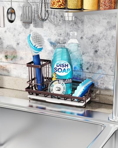 Consumest Sink Caddy Kitchen Organizer, Sponge Holder for Kitchen Sink with Removable Drip Tray for Countertop Dish Soap Holder Dispenser Brush Holder, 304 Stainless Steel - Bronze - Image 3