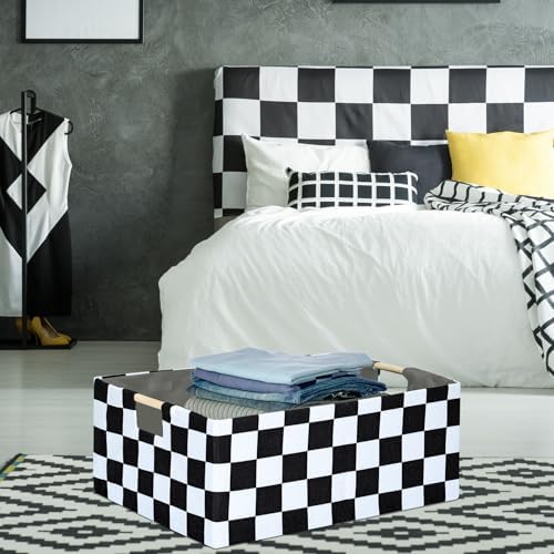 Black White Checkered Storage Basket with Wooden Handles, 16.5 x 12.2 x 6.7 Inch Fabric Organizer Bin for Shelves, Closet, Bedroom and Living Room, 1 Pack - Image 4