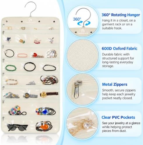 Freegrace Hanging Jewelry Organizer, 25 Zippered Pockets, 23 Necklace Hooks - Image 3
