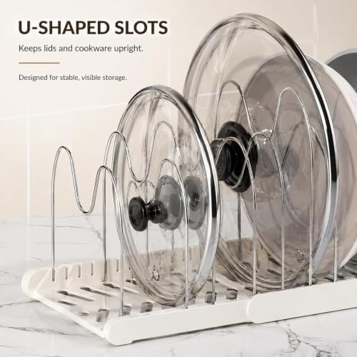 Expandable Pot and Pan Organizer for Cabinet, Adjustable Pot Lid Organizer with Stainless Steel Dividers for Pans, Baking Sheets, Plates & Cutting Boards, 13.6–22.2 in (White) - Image 6
