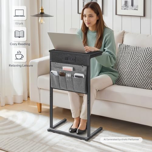 HOOBRO C Shaped End Table with Charging Station, Slide Under Couch Table - Image 5
