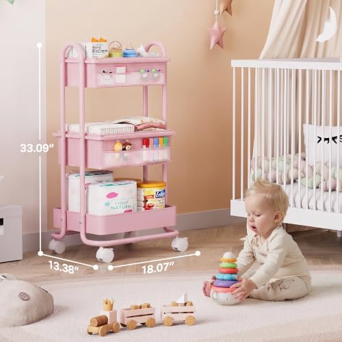 Modanais Baby Diaper Caddy Organizer Cart - 3 Tier Rolling Cart, Pink - Image 2