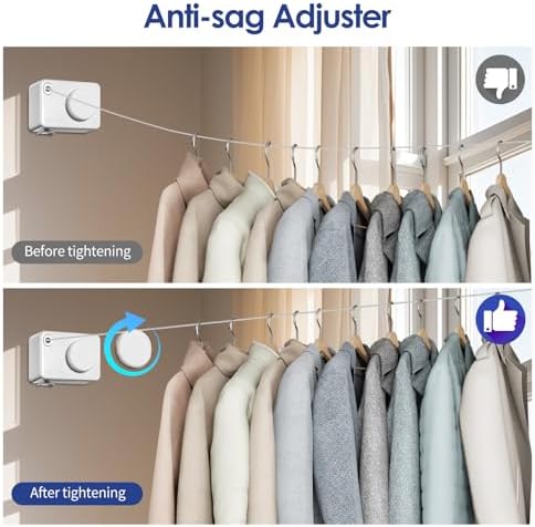 Retractable Clothesline Indoor, Non-Sagging Clothes Line Retracting Outdoors,13.8Ft Heavy Duty Clothes Drying Laundry Line, Wall Mounted Clothesline with 5pcs Hooks (RectangleWhite) - Image 3