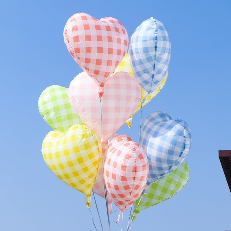 Blue White Checkered Heart Balloons,12Pcs 18Inch Light Blue Grid Heart Shaped Foil Helium Polyester Film Balloons for One Silly Goose Birthday Baby Shower Party Decorations