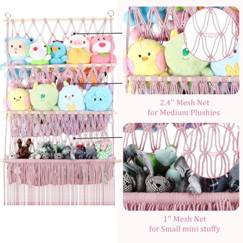3 Tier Hanging Stuffed Animal Storage Shelf, 24x39 Inch Plushy Net,Pink - Image 3