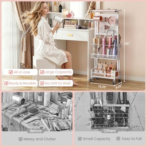 Hair Tool Organizer Cart with Hair Dryer Holder, Narrow Bathroom Storage Cart for Curling Flat Iron & Hot Tools, Slim Hair Appliance Organizer for Vanity Styling Tools, Salon Cart with Tray on Wheels - Image 6