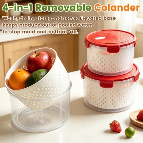 TBMax 8 Pieces Airtight Fruit Storage Containers for Fridge with Air Circulation Vent, 4 Pack Round Produce Saver with Colander for Berry Lettuce Salad Vegetable Storage, Refrigerator Organizers -Red - Image 4