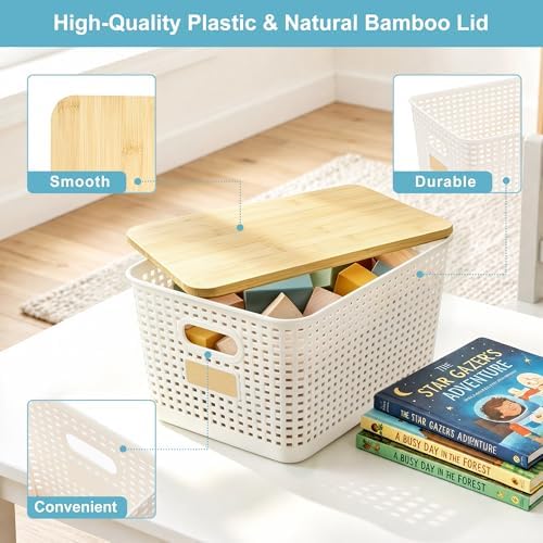 Bagnizer 2 Pack Tall Plastic Storage Bins with Bamboo Lids, 10.8qt Stackable Storages Baskets for Organizing Desktop Closet Playroom Classroom Office, 12"L x 8.3"W x 6.1"H, Cream White - Image 4
