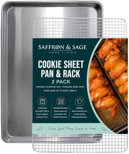 Commercial Quality Cookie Sheet and Rack - Aluminum Half Sheet Baking Pan and Stainless Steel Cooling Rack Set, 13x18 Rimmed Baking & Roasting Tray is Rust & Warp Resistant, Heavy Duty, of Thick Gauge by SaffronSageHomeLiving